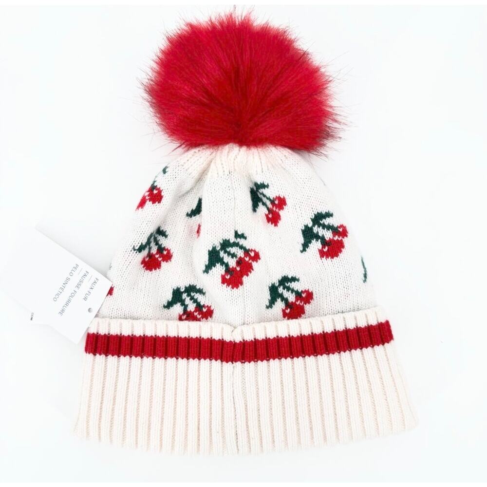 Knit Beanie Cherry Print Red Fur Pom-Pom Winter Hat NWT Girls Cherry Cute Fruit